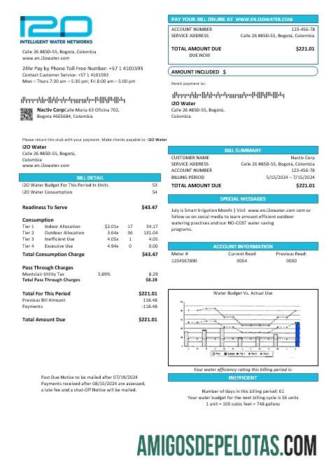 Em branco modelo de conta de serviços públicos de água I2O da Colômbia em formatos Word e PDF